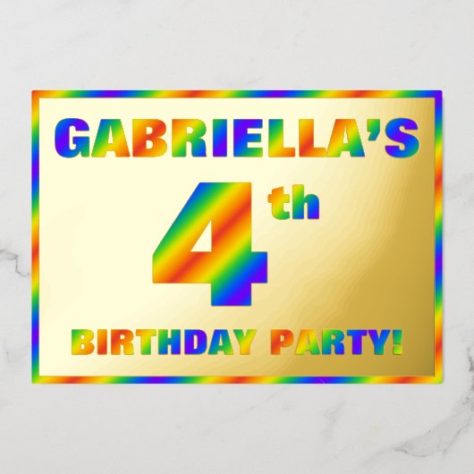 4th Birthdayパーティー—おもしろい, Rainbow Spectrum "4" 箔招待状 (正面)