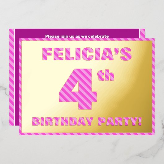4th Birthdayパーティー:はっきりした、おもしろい、ピンクストライプ色の 箔招待状 (正面/裏面)