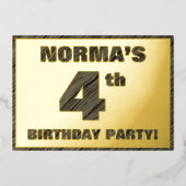 4th Birthdayパーティー— はっきりした, フェイク Wood Grain文字 箔招待状 (正面)