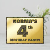 4th Birthdayパーティー— はっきりした, フェイク Wood Grain文字 箔招待状 (立ち正面)