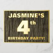 4th Birthdayパーティー: はっきりした, フェイク Wood Grain Pattern 箔招待状 (正面)