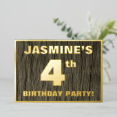 4th Birthdayパーティー: はっきりした, フェイク Wood Grain Pattern 箔招待状 (立ち正面)