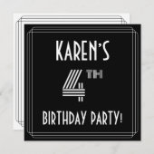 4th Birthdayパーティー:アールデコスタイル(名前をカスタムする付き) 招待状 (正面/裏面)