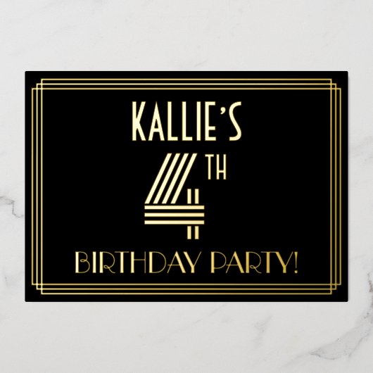 4th Birthdayパーティー—アールデコスタイル「4」 +名前 箔招待状 (正面)