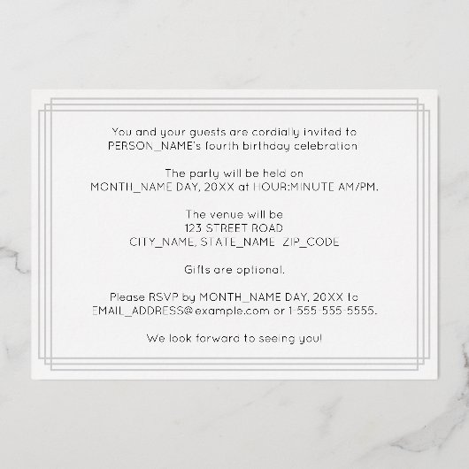 4th Birthdayパーティー—アールデコスタイル「4」 +名前 箔招待状 (裏面)