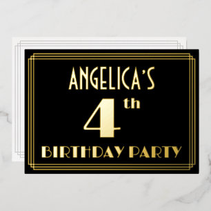 4th Birthdayパーティー:アールデコルック"4"、名前あり 箔招待状