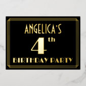 4th Birthdayパーティー:アールデコルック"4"、名前あり 箔招待状 (正面)