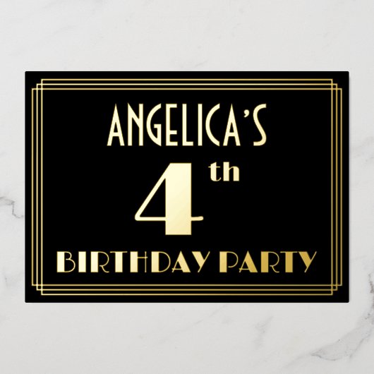 4th Birthdayパーティー:アールデコルック"4"、名前あり 箔招待状 (正面)