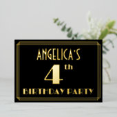 4th Birthdayパーティー:アールデコルック"4"、名前あり 箔招待状 (立ち正面)