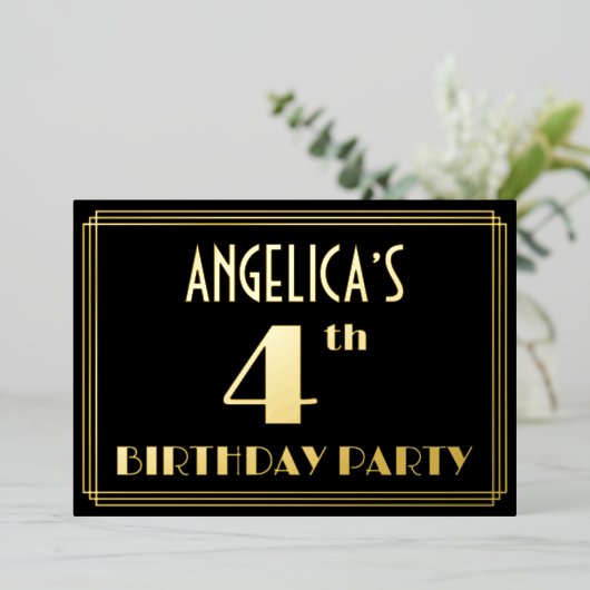 4th Birthdayパーティー:アールデコルック"4"、名前あり 箔招待状 (立ち正面)