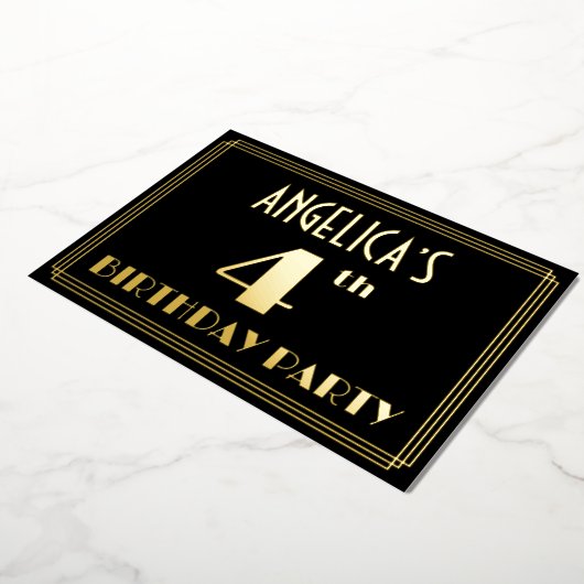 4th Birthdayパーティー:アールデコルック"4"、名前あり 箔招待状 (回転した状態)