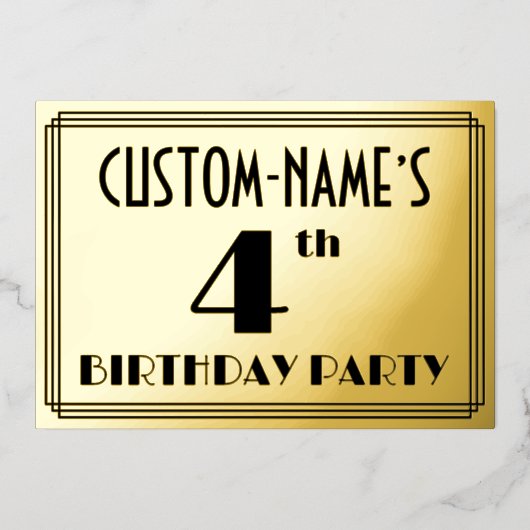 4th Birthdayパーティー—アールデコ検索「4」 +名前 箔招待状 (正面)