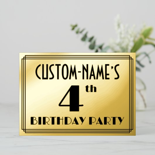 4th Birthdayパーティー—アールデコ検索「4」 +名前 箔招待状 (立ち正面)