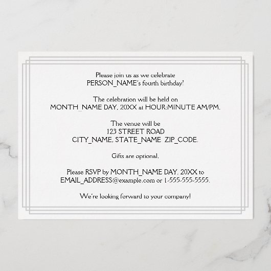 4th Birthdayパーティー—アールデコ検索「4」 +名前 箔招待状 (裏面)