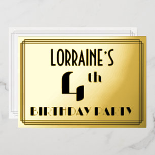 4th Birthdayパーティー:アールデコ「4」と名前 箔招待状