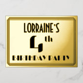 4th Birthdayパーティー:アールデコ「4」と名前 箔招待状 (正面)