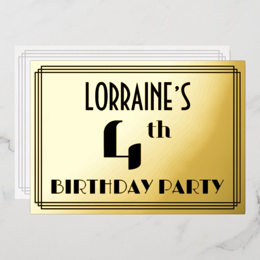 4th Birthdayパーティー:アールデコ「4」と名前 箔招待状 (正面/裏面)