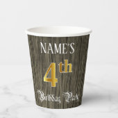 4th Birthdayパーティー—フェイク金ゴールドとフェイクウッドの外観 紙コップ (正面)