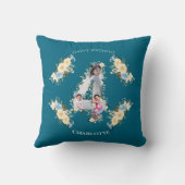 4th Birthdayフォトコラージュティール（緑がかった色）ブルーイエローフラワー クッション (裏面)