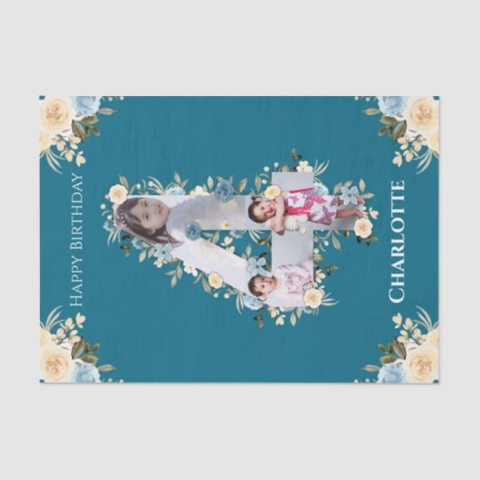 4th Birthdayフォトコラージュティール（緑がかった色）ブルーイエローフラワー 薄葉紙 (正面)