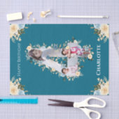 4th Birthdayフォトコラージュティール（緑がかった色）ブルーイエローフラワー 薄葉紙 (クラフト)