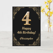 4th Birthdayブラックと金ゴールドグリッター枠 カード (黄色い花)