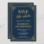 4th birthday招待状ガール日付を保存Navy 招待状 (正面/裏面)