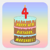 4th Birthday:おもしろいケーキとキャンドル+名前をカスタムする スクエアシール (正面)