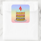 4th Birthday:おもしろいケーキとキャンドル+名前をカスタムする スクエアシール (バッグ)