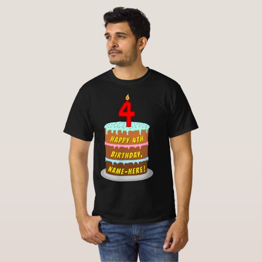 4th Birthday —おもしろいケーキ&ろうそく、名前をカスタムする付き Tシャツ (正面フル)
