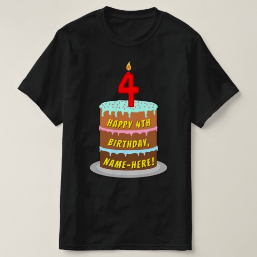 4th Birthday —おもしろいケーキ&ろうそく、名前をカスタムする付き Tシャツ (デザイン正面)