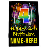 4th Birthday:おもしろい花火パターン+虹4 ミディアムペーパーバッグ (正面)