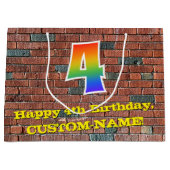 4th Birthday:おもしろい、グラフィインスパイアティ・レインボー# 4 ラージペーパーバッグ (正面)