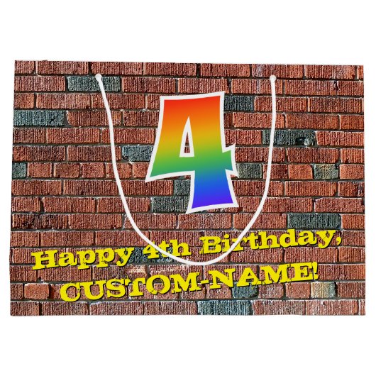 4th Birthday:おもしろい、グラフィインスパイアティ・レインボー# 4 ラージペーパーバッグ (裏面)