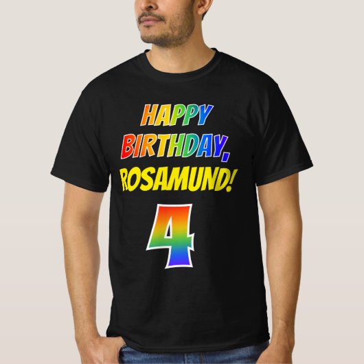 4th Birthday — はっきりした, おもしろい, Rainbow 4, 名前をカスタムする Tシャツ (正面)