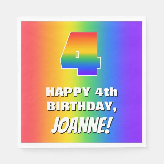 4th Birthday:, カラフルおもしろいレインボーパターン# 4 スタンダードランチョンナプキン (正面)