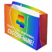 4th Birthday:, カラフルおもしろいレインボーパターン# 4 ラージペーパーバッグ (裏面アングル)