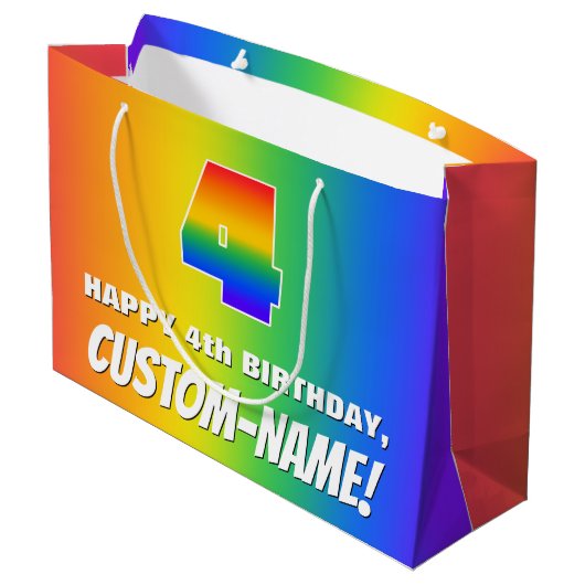 4th Birthday:, カラフルおもしろいレインボーパターン# 4 ラージペーパーバッグ (裏面アングル)