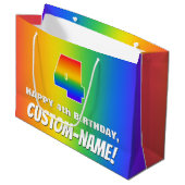 4th Birthday:, カラフルおもしろいレインボーパターン# 4 ラージペーパーバッグ (正面アングル)