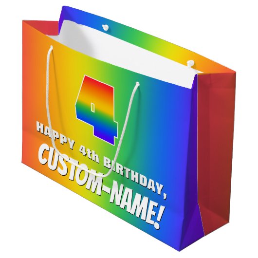 4th Birthday:, カラフルおもしろいレインボーパターン# 4 ラージペーパーバッグ (正面アングル)