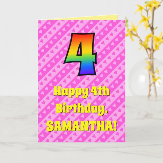 4th Birthday:ピンクのストライプハートとレインボー4 カード (黄色い花)