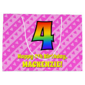 4th Birthday：ピンクのストライプハートとレインボー4 ラージペーパーバッグ (裏面)