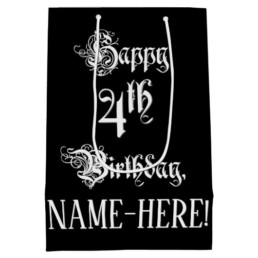 4th Birthday:、ファンシースクリプエレガントト+名前をカスタムする ミディアムペーパーバッグ (裏面)