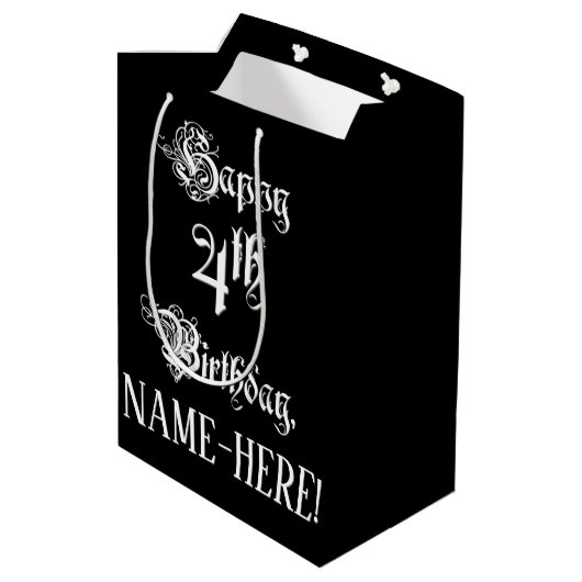 4th Birthday:、ファンシースクリプエレガントト+名前をカスタムする ミディアムペーパーバッグ (裏面アングル)