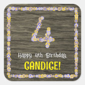 4th Birthday:フローラ番号フェイク、木目、名前 スクエアシール (正面)
