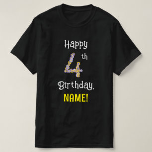 4th Birthday:フローラ花番号"4" +名前 Tシャツ