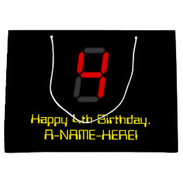 4th Birthday：レッドデジタル時計のスタイル「4」 +名前 ラージペーパーバッグ