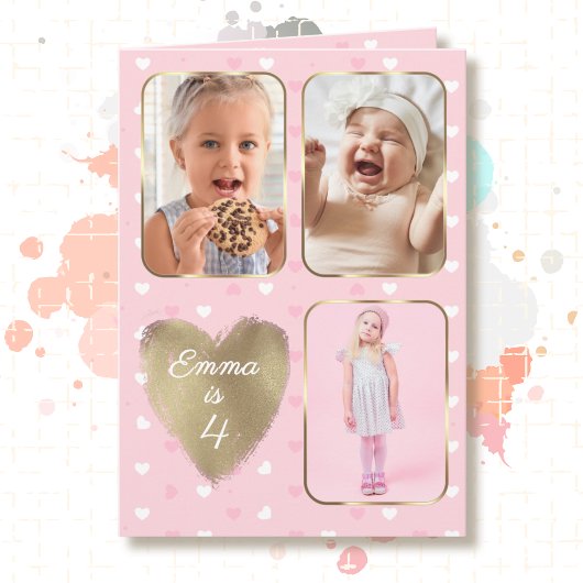 4th Birthday 3 Picture Collage Gold Pink Hearts カード