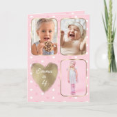 4th Birthday 3 Picture Collage Gold Pink Hearts カード (正面)