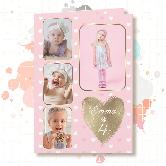 4th Birthday 4 Picture Collage Gold Pink Hearts カード